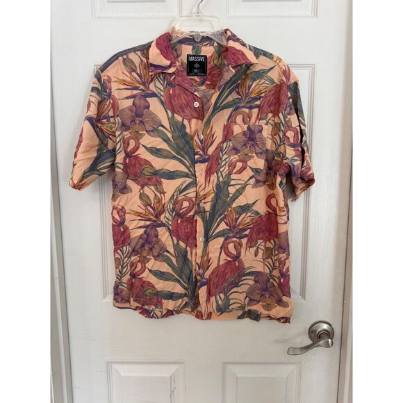 Massive Tops - Massive Pink Tropical Flamingo Short Sleeve Button Down Men's Shirt Size Small